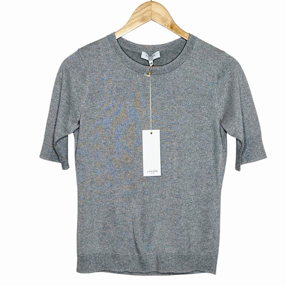 J Society Lurex Short Sleeve Tee Metallic Platinum Womens Size XS Minimalist